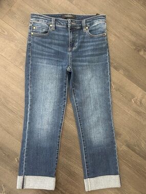 Liverpool Cropped Boyfriend Jeans in Medium Blue with Cuffed Hem